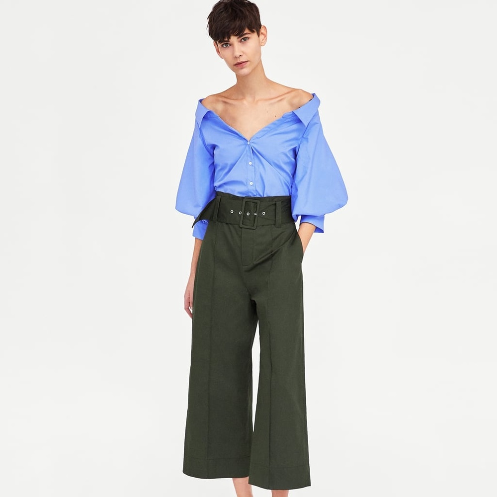 NEW! Zara Khaki Poplin Trousers with Belt, Size SM
